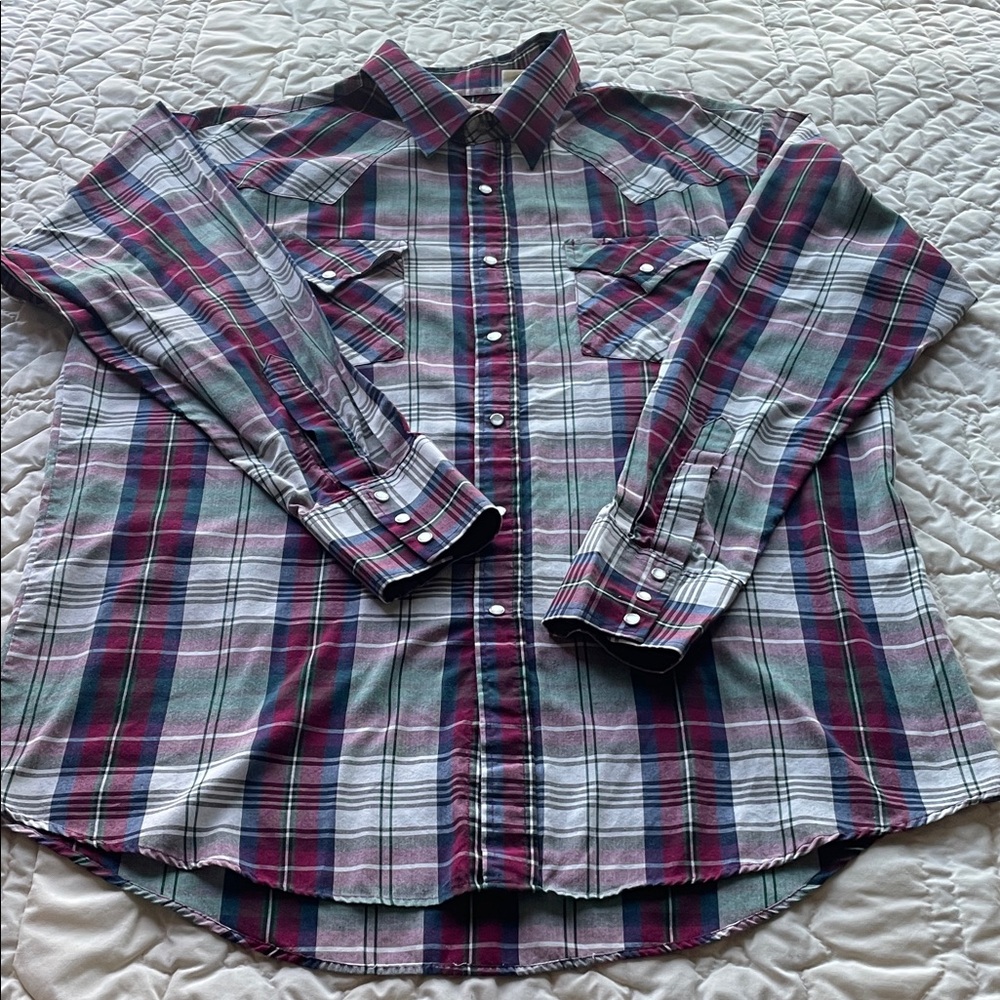 Ely Cattleman Men's Plaid Shirt - Burgundy, Green, and White, Snaps